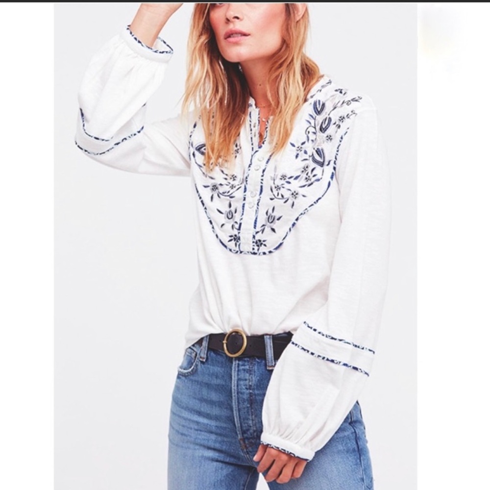 Free People Embroidered Floral Henley Shirt White